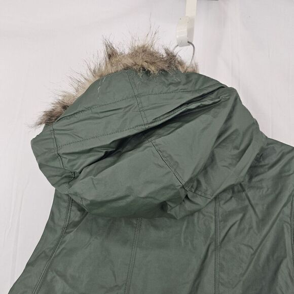 Athleta Green Alpine Air Vest Faux Fur Removable Hood Zip Pockets Size Large - Picture 8 of 9